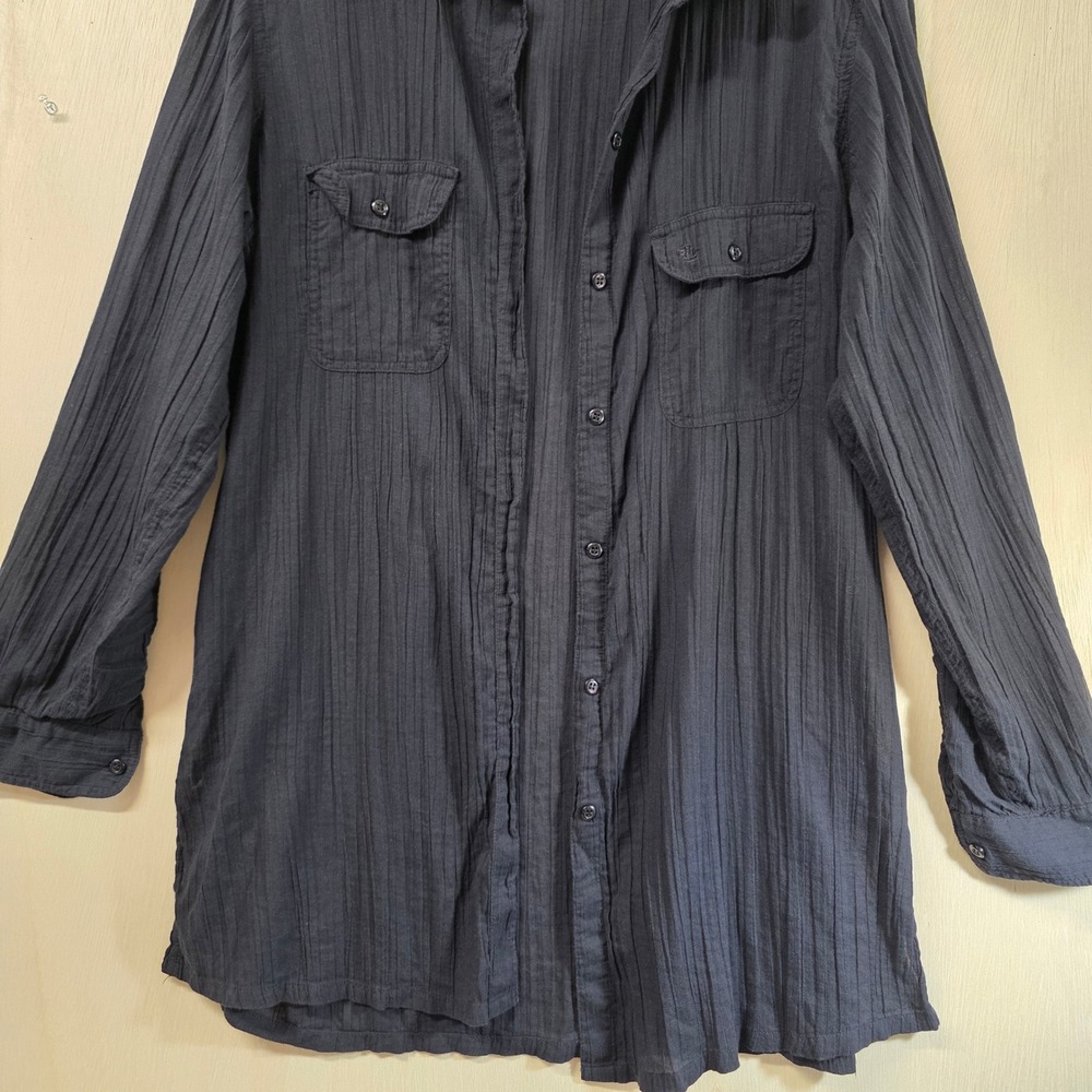 Lauren Ralph Lauren Black Cotton Gauze Roll Tab Beach Cover Up Shirt Medium - Picture 13 of 15